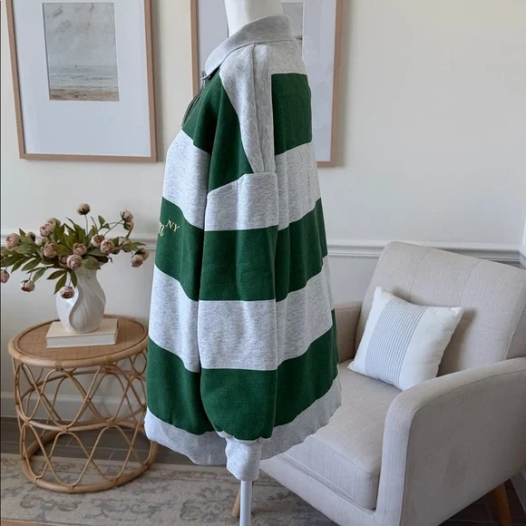 ZARA Tribeca Midtown NY Rugby Polo Sweatshirt Green Gray Striped Oversized - Picture 5 of 15